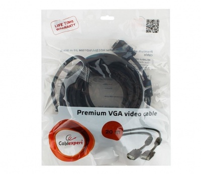 Кабель Cablexpert Premium VGA-20M-Black, 15M/15M, 20м, черн., тройной экран, феррит.кольца